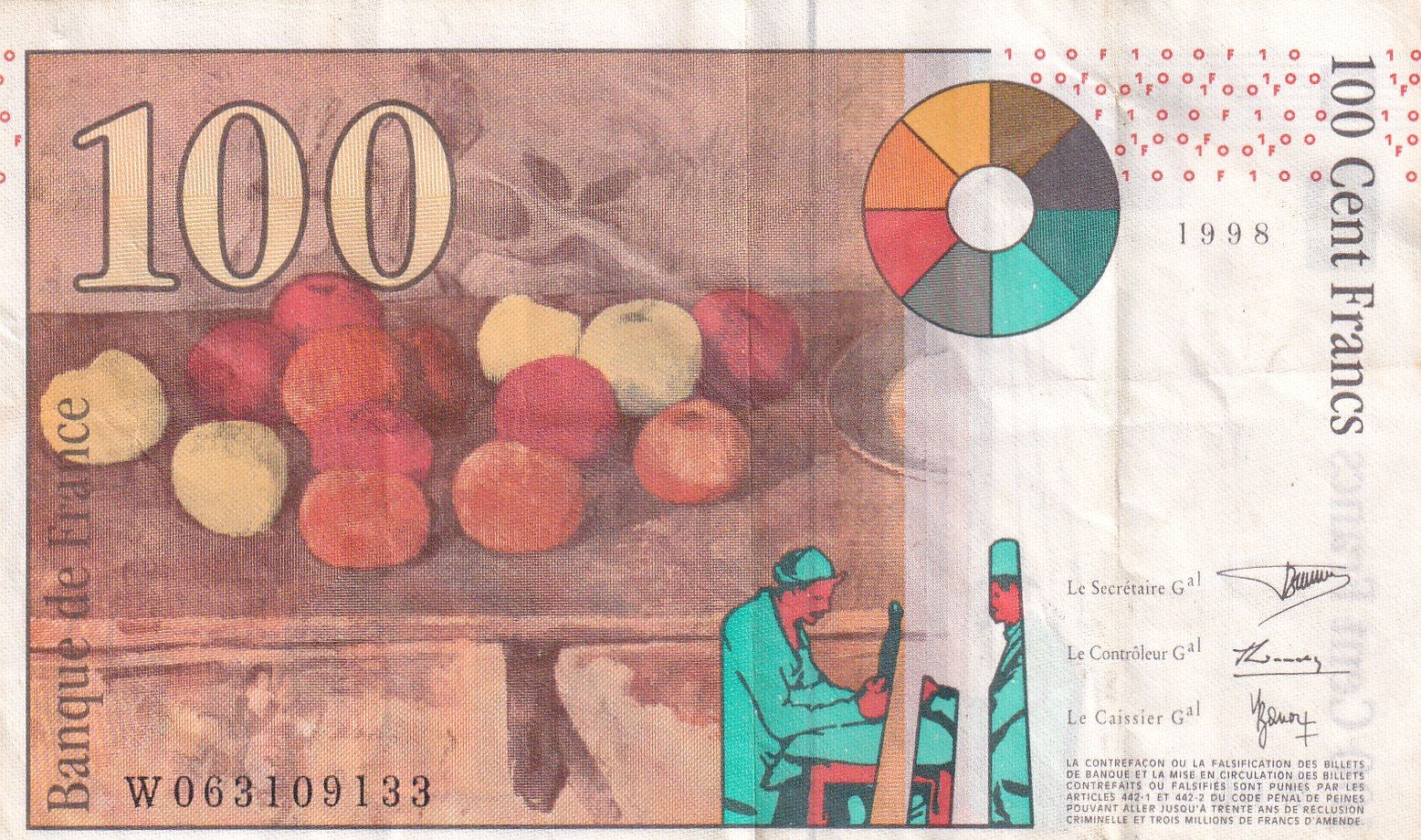 France 100 Francs (Cezanne type 1997) Foreign Note