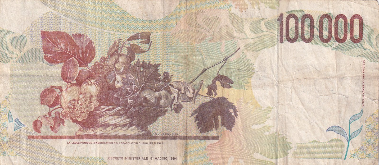 Italy 100 000 Lire Caravaggio (2nd type) Rare World Note