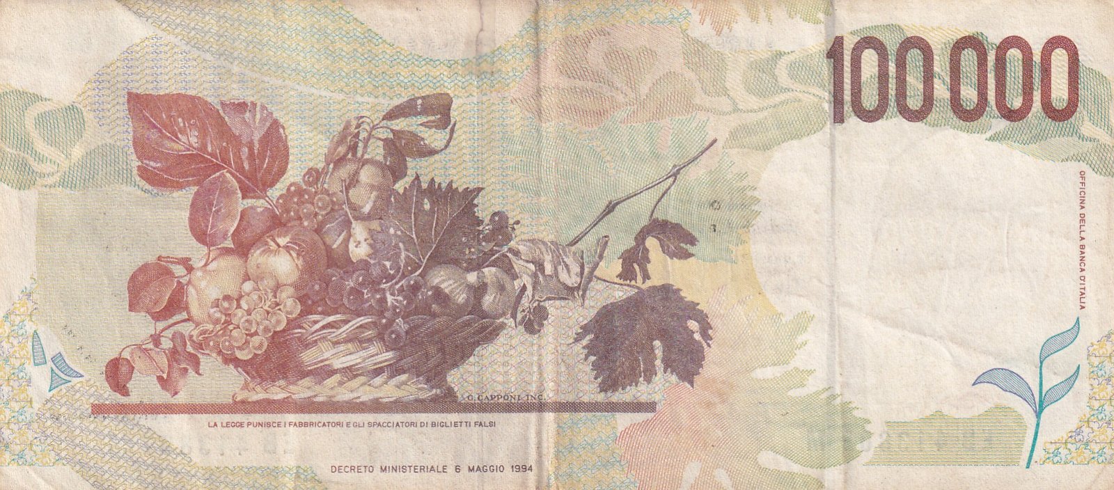 Italy 100 000 Lire Caravaggio (2nd type) Rare World Note