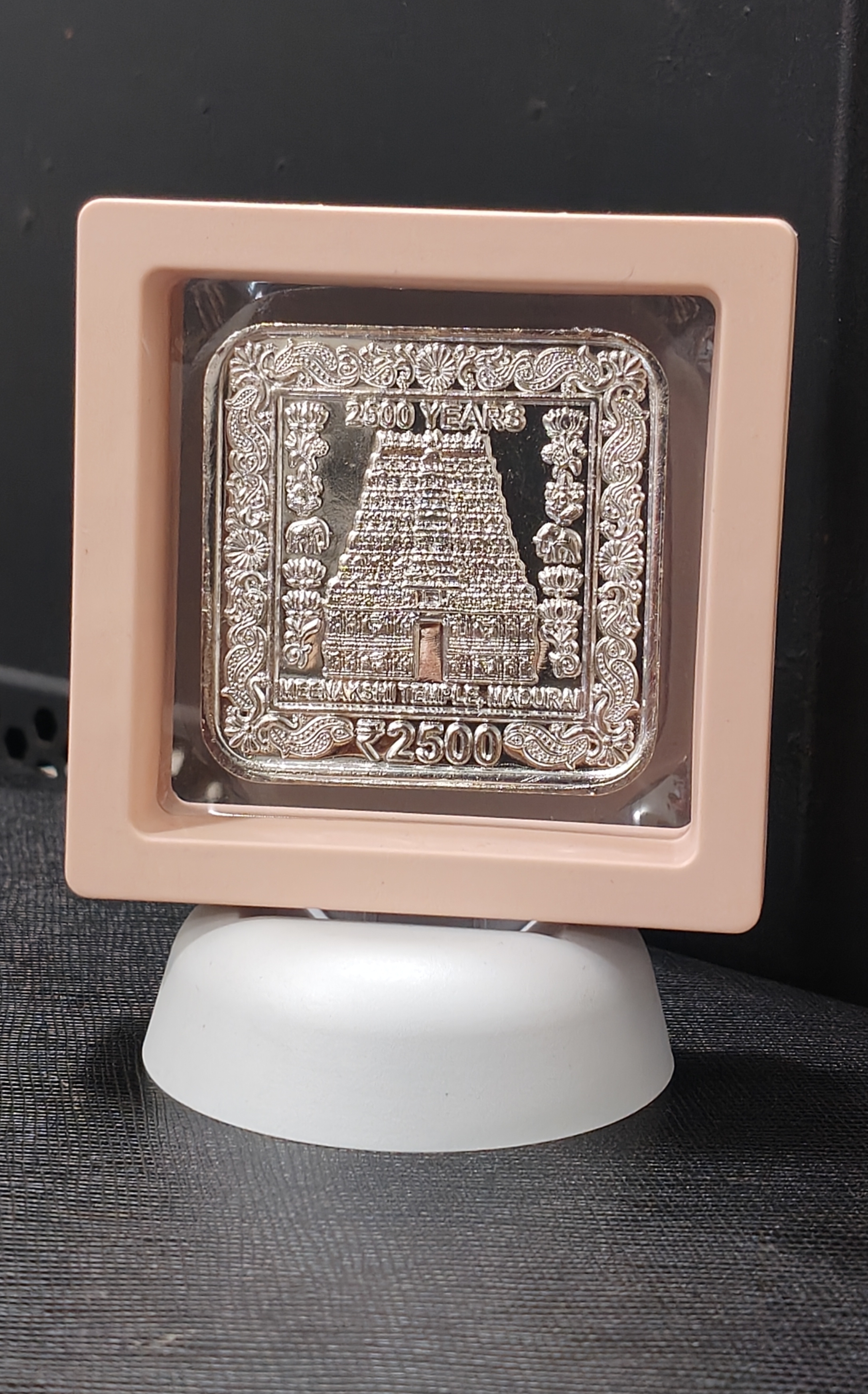 Meenakshi Temple Madurai 2500 Rupee Rare Silver Plated 100 Gram Rare Beautiful Token Coin with BOX Stand