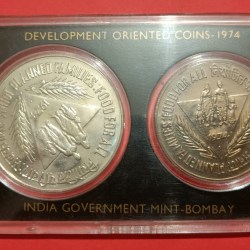 1974 - Planned Families Food For All Coins Set Bombay Mint Development Oriented Coins 10 Rs and 50 Rs alongwith Certificate and Cover