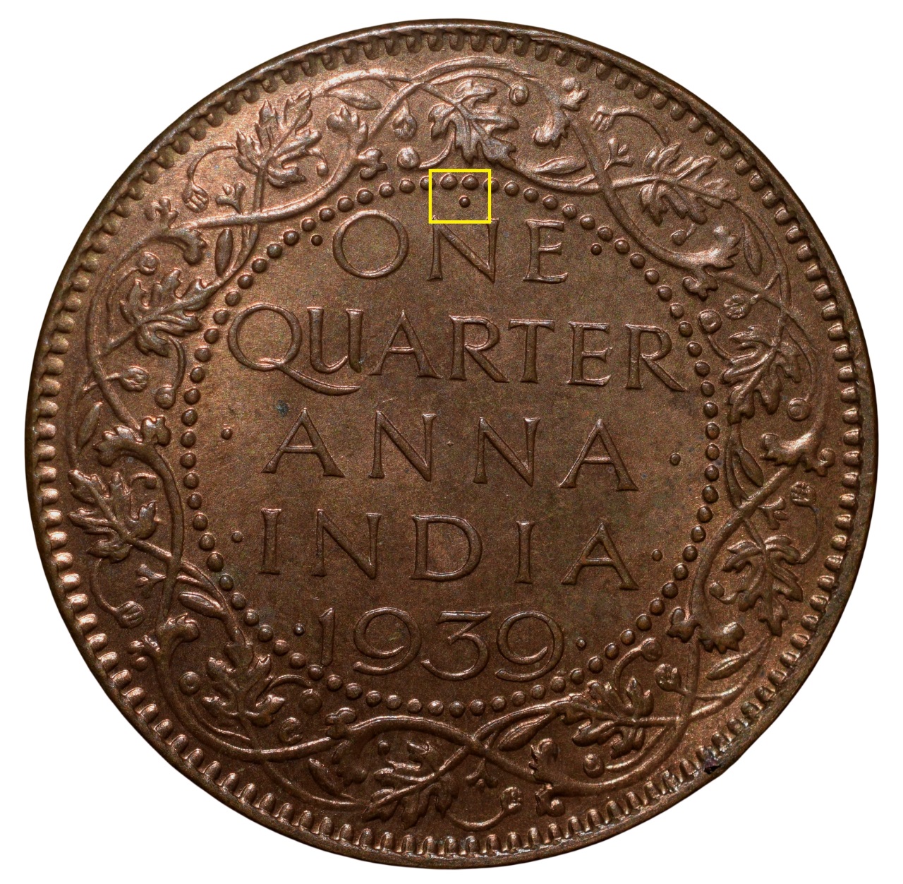 Bronze 1/4 Anna of George VI (AD1939) of Bombay Mint Head Type I with Privy Test Mark Rare