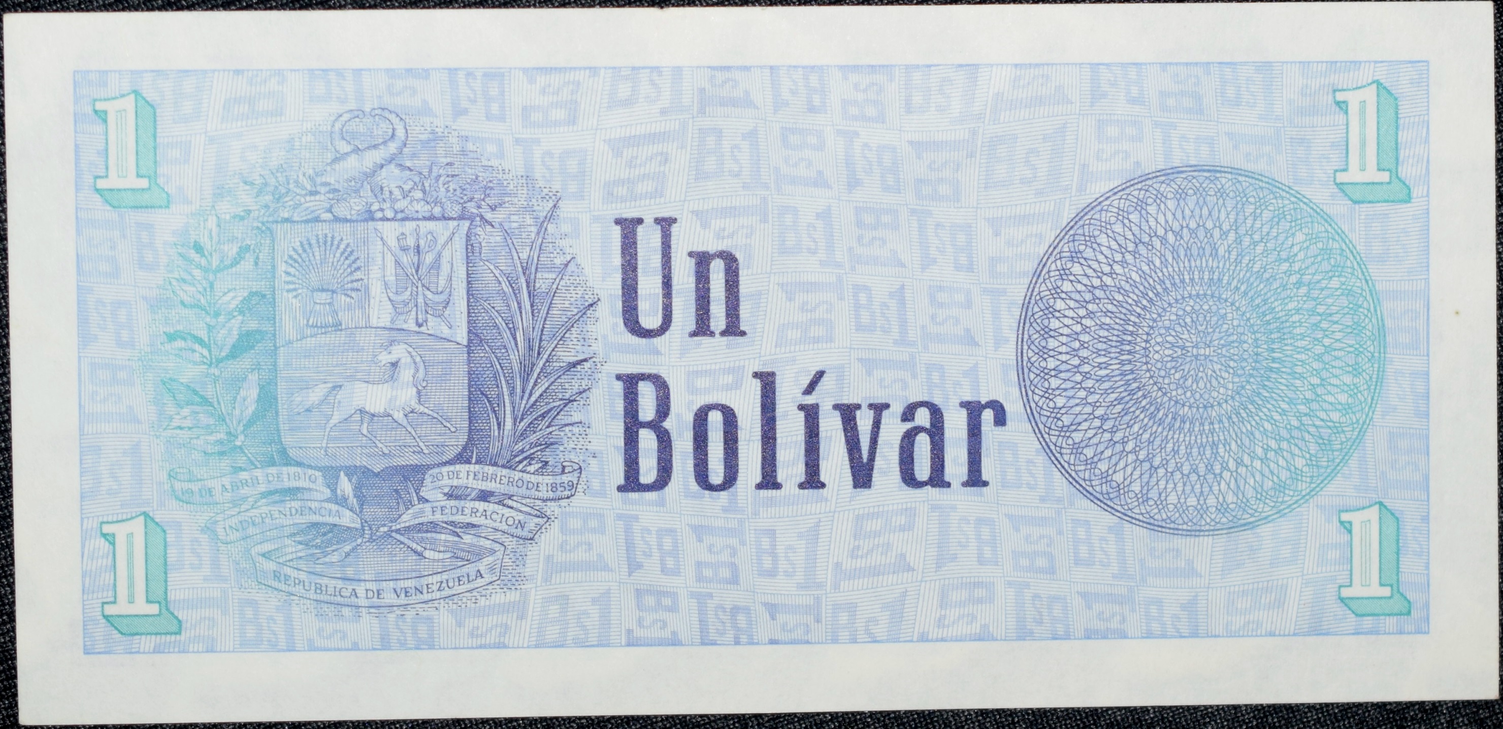 Old 1 Bolivar of Venezuela Country (AD 1989) with image of 1 Bolívar coin