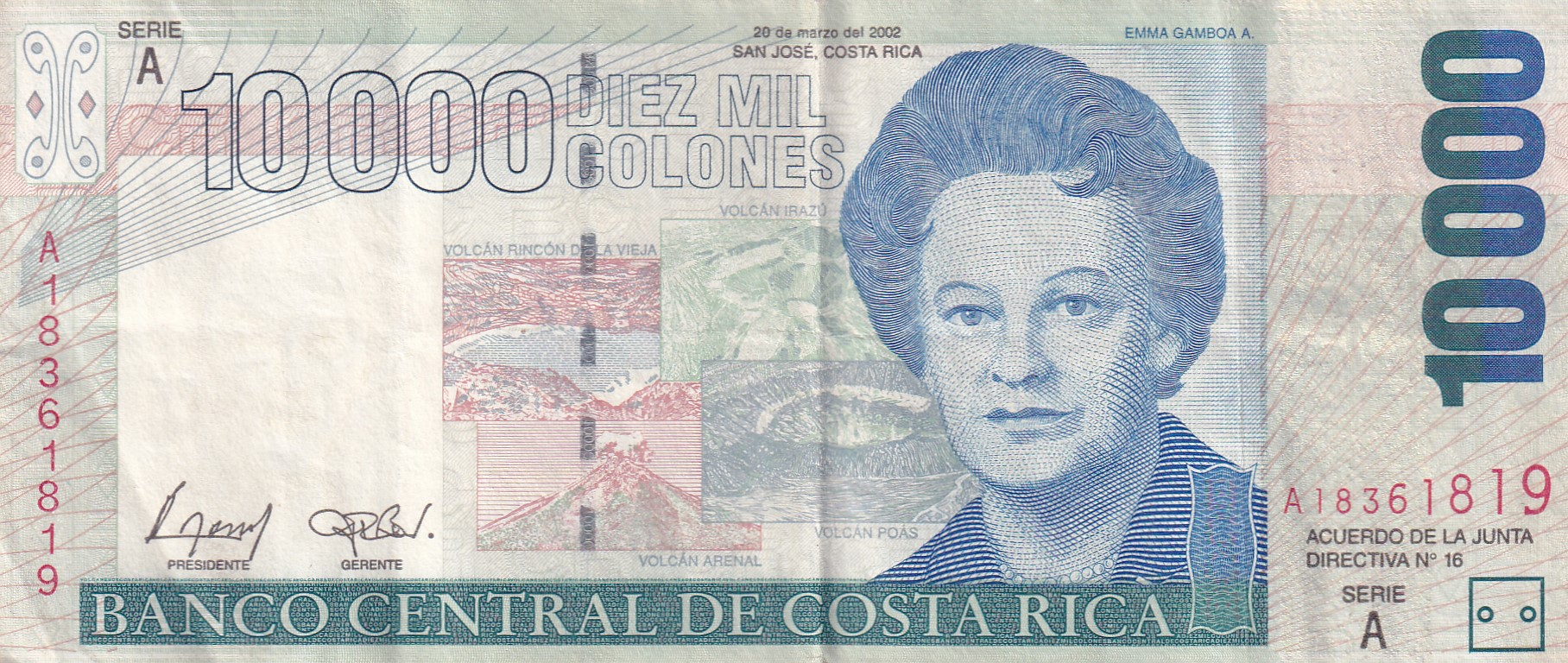 Costa Rica 10 000 Colones Rare Foreign Note #B2