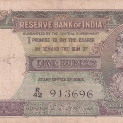 5 Rupees George VI Governor C.d.deshmukh British - India 100 % Original Note