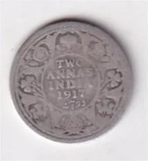 British India 2 Annas 1917 George V Rare Silver Coin