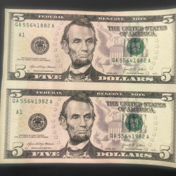 America 5 Dollar Lincoln Rare GEM UNC (2 Note) Uncut Sheet Rare Top Collectible & Unique ITEM
