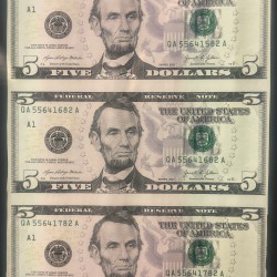 America 5 Dollar Lincoln Rare GEM UNC (3 Note) Uncut Sheet Rare Top Collectible & Unique ITEM