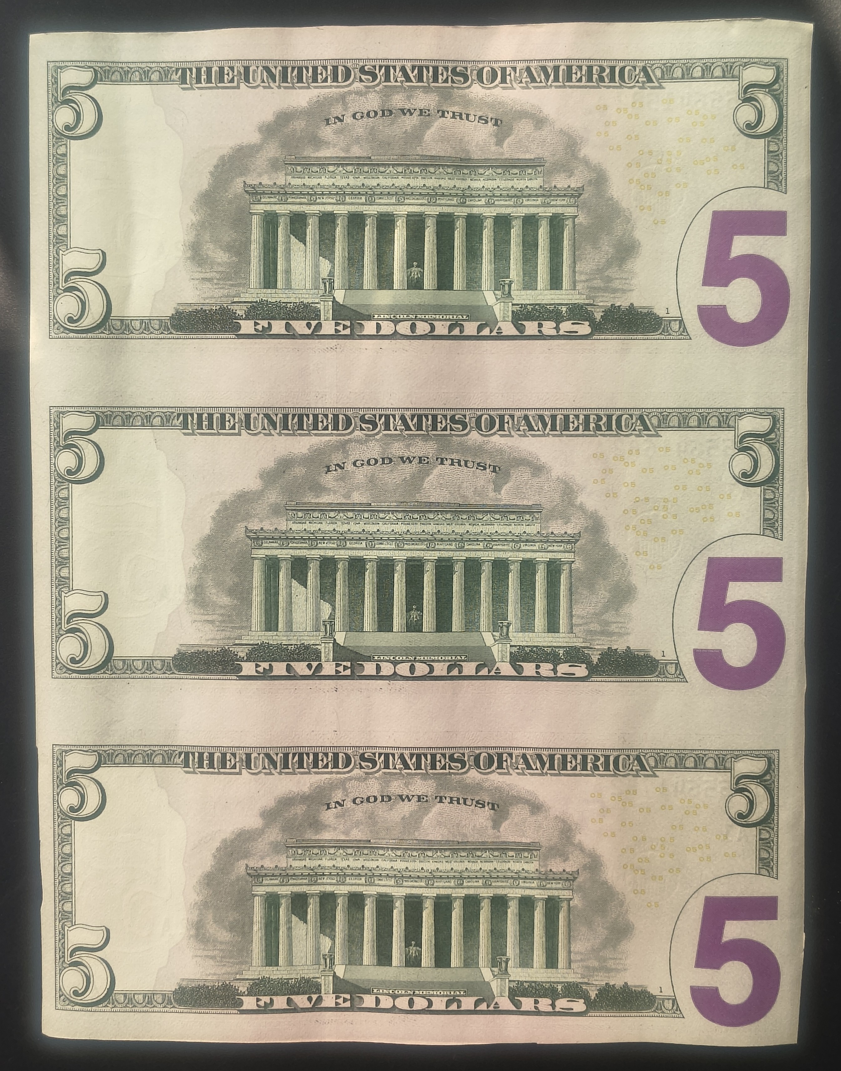 America 5 Dollar Lincoln Rare GEM UNC (3 Note) Uncut Sheet Rare Top Collectible & Unique ITEM