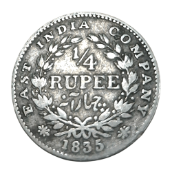 British India Silver 1/4 Rupee "East India Company" Year 1835 King William-IIII with "F" Incuse **Rare** Collectable Grade.