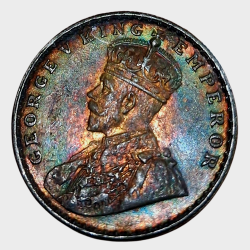 British India Silver Rupee Year 1919 King George-V in High Collectable Grade with Natural Rainbow Tonnig.