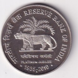 India 75 Rupees 2010 Platinum Jubilee of RBI Commemorative Issue rare Silver (M) Mark Proof Coin With Capsule