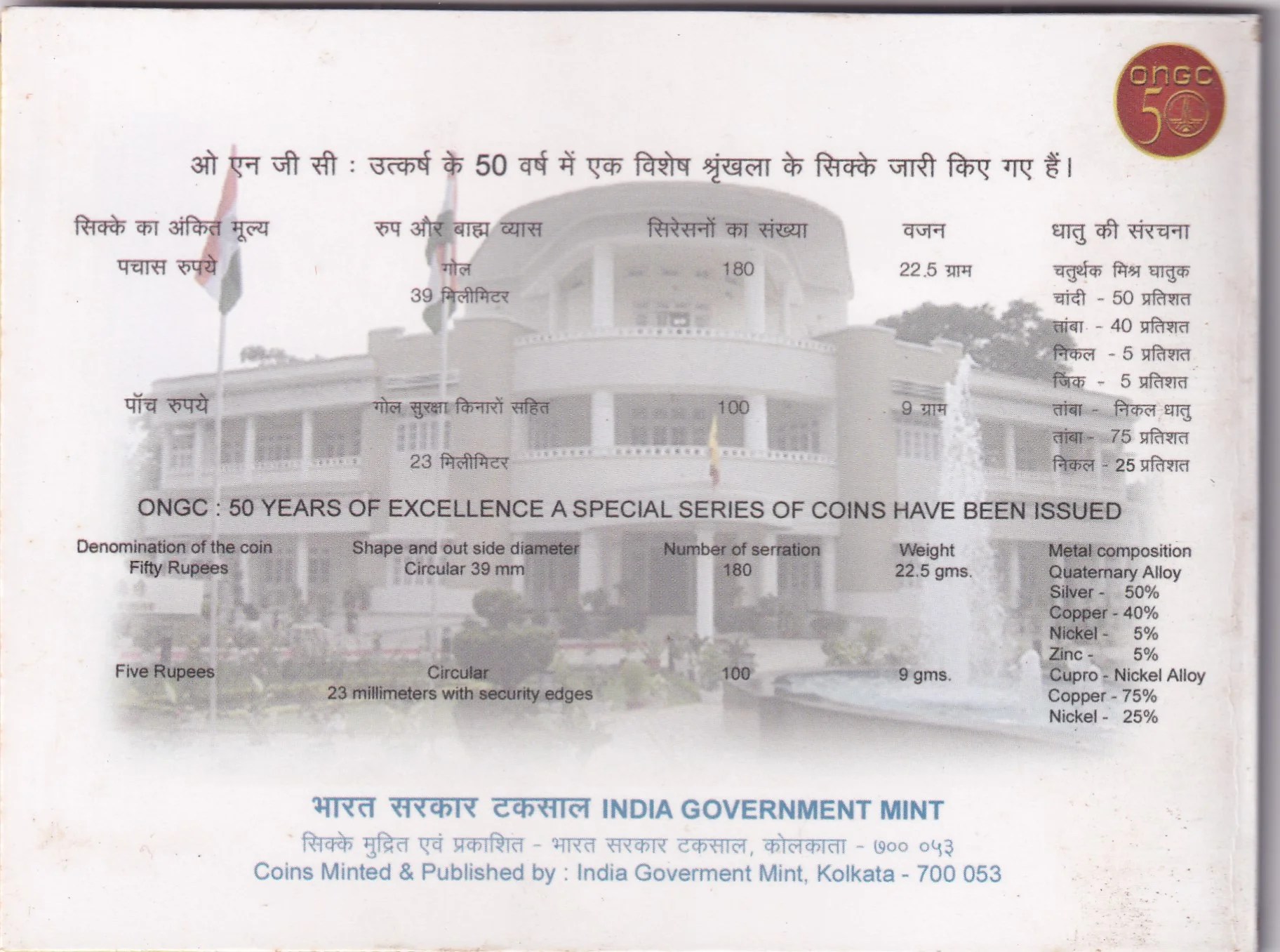 50 Years of ONGC 2006 Rare Kolkata Mint UNC 2 Coin Set