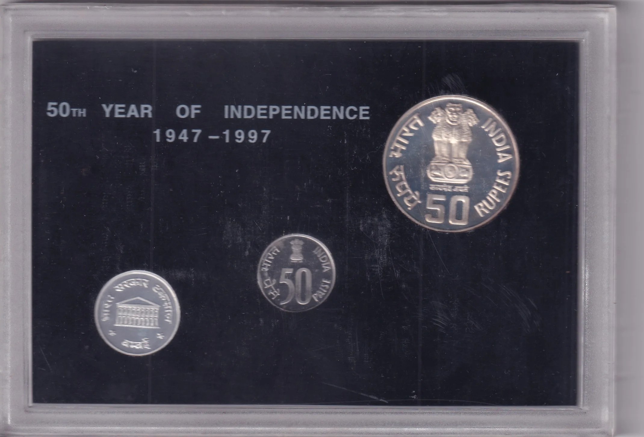 50th YEAR OF INDEPENDENCE  1947-1997 INDIA GOVT. MINT BOMBAY COMMEMORATIVE VIP 3 COINS PROOF SET RARE