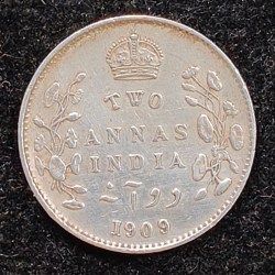 2 Anna 1909 Edward British India Silver Extremely Rare Coin #65