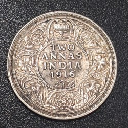 British - India 2 Annas 1916 - George V Rare Silver Coin