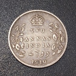 India - British 2 Annas 1910 - Edward VII Rare Silver Coin