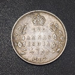 India - British 2 Annas 1907 - Edward VII Rare Silver Coin