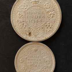 Silver British India King and emperor George vi Denominaton 1₹ -1/2₹ Year 1944 Same and similar set are available