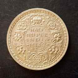 Silver British India King and emperor George vi Denominaton 1/2₹ Year 1942 Same and similar piece available