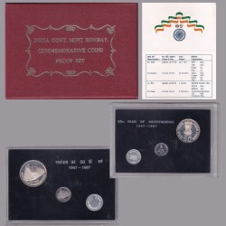 50th YEAR OF INDEPENDENCE  1947-1997 INDIA GOVT. MINT BOMBAY COMMEMORATIVE VIP 3 COINS PROOF SET RARE