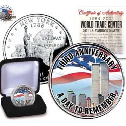 World Trade Center 3rd Anniversary 2001 New YORK Colorized Rare U.S. Mint Coin Set with Wooden BOX ; Cover and Certificate