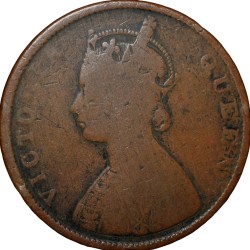 Copper 1/2 Anna of Victoria Queen (AD 1862) of Madras Mint Bust Type A Slanting Top 1 (PR # 577) Scarce