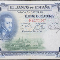 Old 100 Pesetas of Spain (AD 1925) with Portrait of King Philip II/L. Álvarez "La Silla de Felipe II" Painting