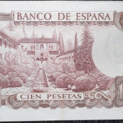 Old 100 Pesetas of Spain (AD 1970) with Bust of Spanish composer Manuel de Falla/"Patio de la Acequia" of the Generalife in Granada