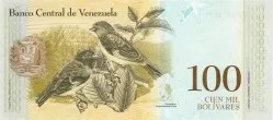 100,000 Bolivares of Venezuela (AD 2017) with Cardenalito (Red siskin) Bird UNC Grade