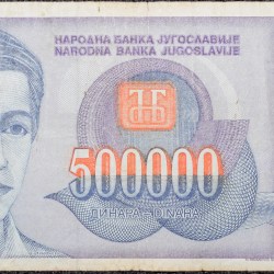 500,000 Dinars of Yugoslavia (AD 1993) with Portrait of a boy/Scene of snow-covered chalets at Kopaonik Ski Center (Southern Serbia)