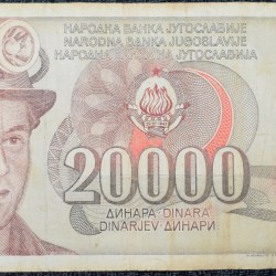 20,000 Dinars of Yugoslavia (AD 1987) with Portrait of a miner left/Mining equipments at center