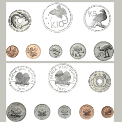 Firdt Coinage Of Papua New Guinea Proof Set Minted At The Franklin Mint ; 1 - 2 - 5 - 10 - 20 Toea & 1 - 5 - 10 Kina 1975 ; In Original Box Rare (8 Coin Set) Included 2 Silver Coin