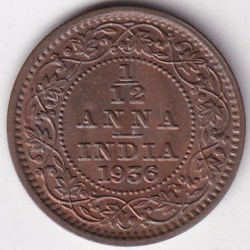 UNC 1/12 Anna 1936 King George V Bronze Lustre Coin