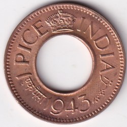 1943 UNC Hole One Pice Bronze Coin of British India King George VI Natural Lustre Coin