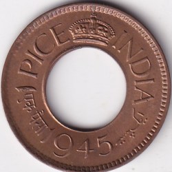 1945 UNC Hole One Pice Bronze Coin of British India King George VI Natural Lustre Coin