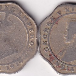 4 Annas 1919 1920 Two Copper Nickel Coins Set Rare #1