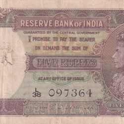 British - India 5 Rupees George VI Governor C.d.deshmukh Very Rare Note