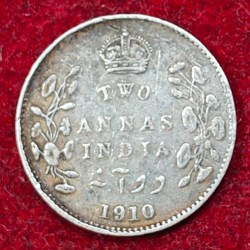 British India 2 Annas 1910 (Edward VII) Rare Silver Coin #E-145