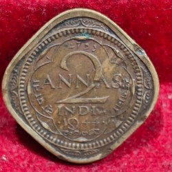 India - British 2 Annas 1944 - George VI Rare Coin #E-165