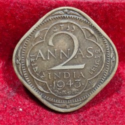 India - British 2 Annas 1943 - George VI Rare Coin #E-166