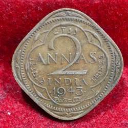 India - British 2 Annas 1943 - George VI Rare Coin #E-167