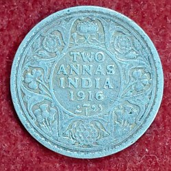 British-India 2 Annas 1916 (George V) Rare Silver Coin#E-274