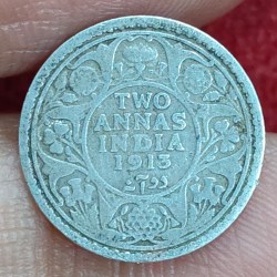 British-India 2 Annas 1913 (George V) Rare Silver Coin#E-276