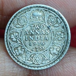 British-India 2 Annas 1916 (George V) Rare Silver Coin#E-280