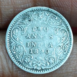 British-India 2 Annas 1890 (Victoria) Rare Silver Coin#E-285