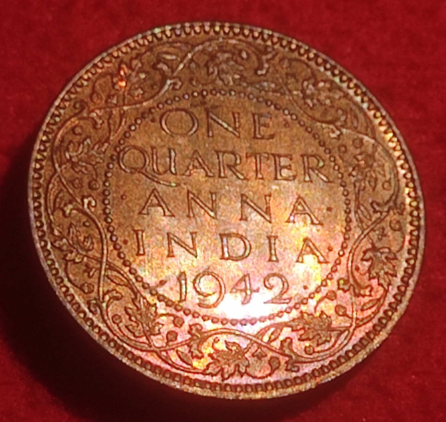 Bronze One Quarter Anna Coin King George V I Calcutta Mint 1942