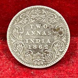 India - British 2 Annas 1862 - Victoria Rare Silver Coin # E-236