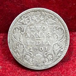 India - British 2 Annas 1901 - Victoria Rare Silver Coin # E-237