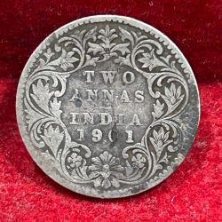 India - British 2 Annas 1901 - Victoria Rare Silver Coin # E-238